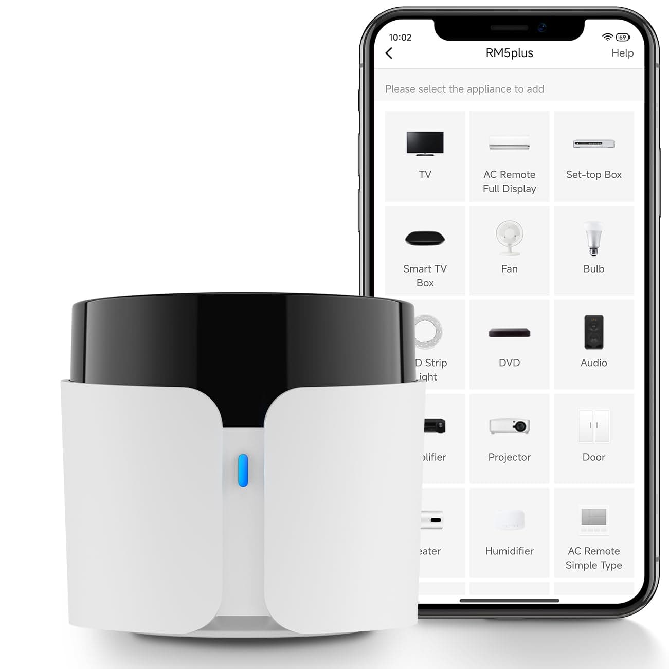 Broadlink RM5plus Universal Infrared Remote, Voice Control with Alexa & Google Home, Wi-Fi Smart Home Hub for TV, AC and Audio (IR 38KHz), 2.4GHz Wi-Fi Only