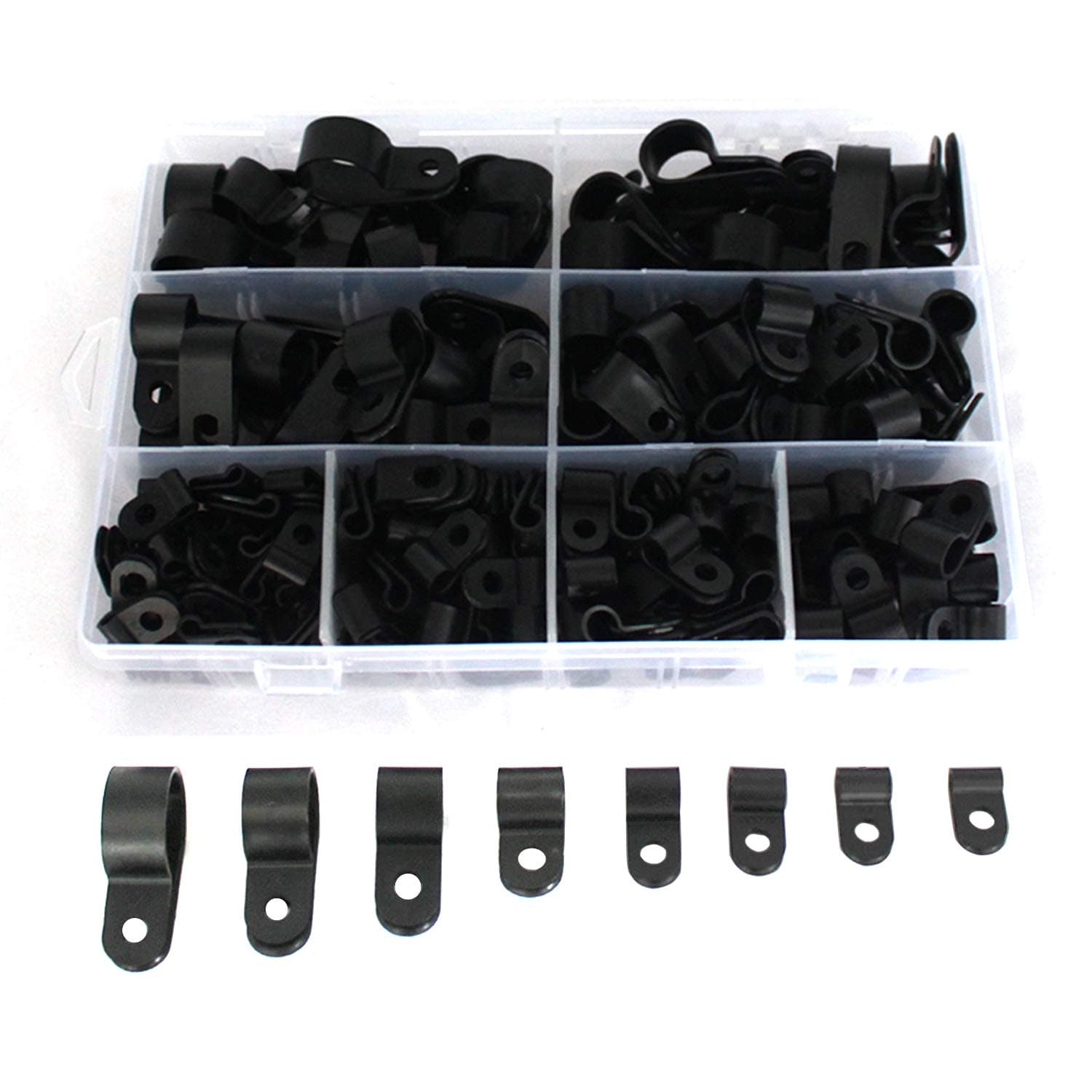 215 Pcs Cable Clamps Black R-Type Nylon Cable Clamp Clips Fasteners for Wire Management Cable Conduit 8 Sizes