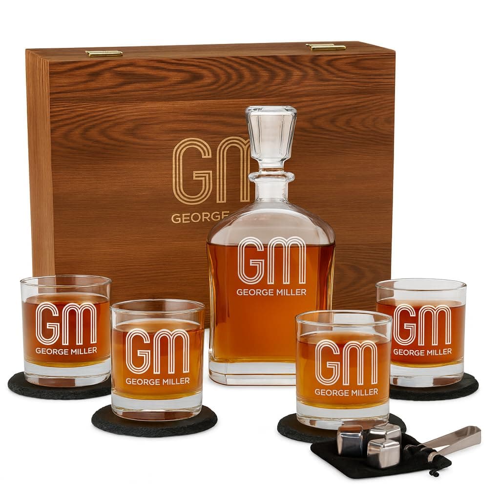 Personalized Whiskey Decanter Set for Men - 9 Design Options - Engraved Liquor Decanter Sets with Scotch Glasses - Gift Set for Him, Dad - Premium Set Includes Whiskey Stones - by Froolu Monogram
