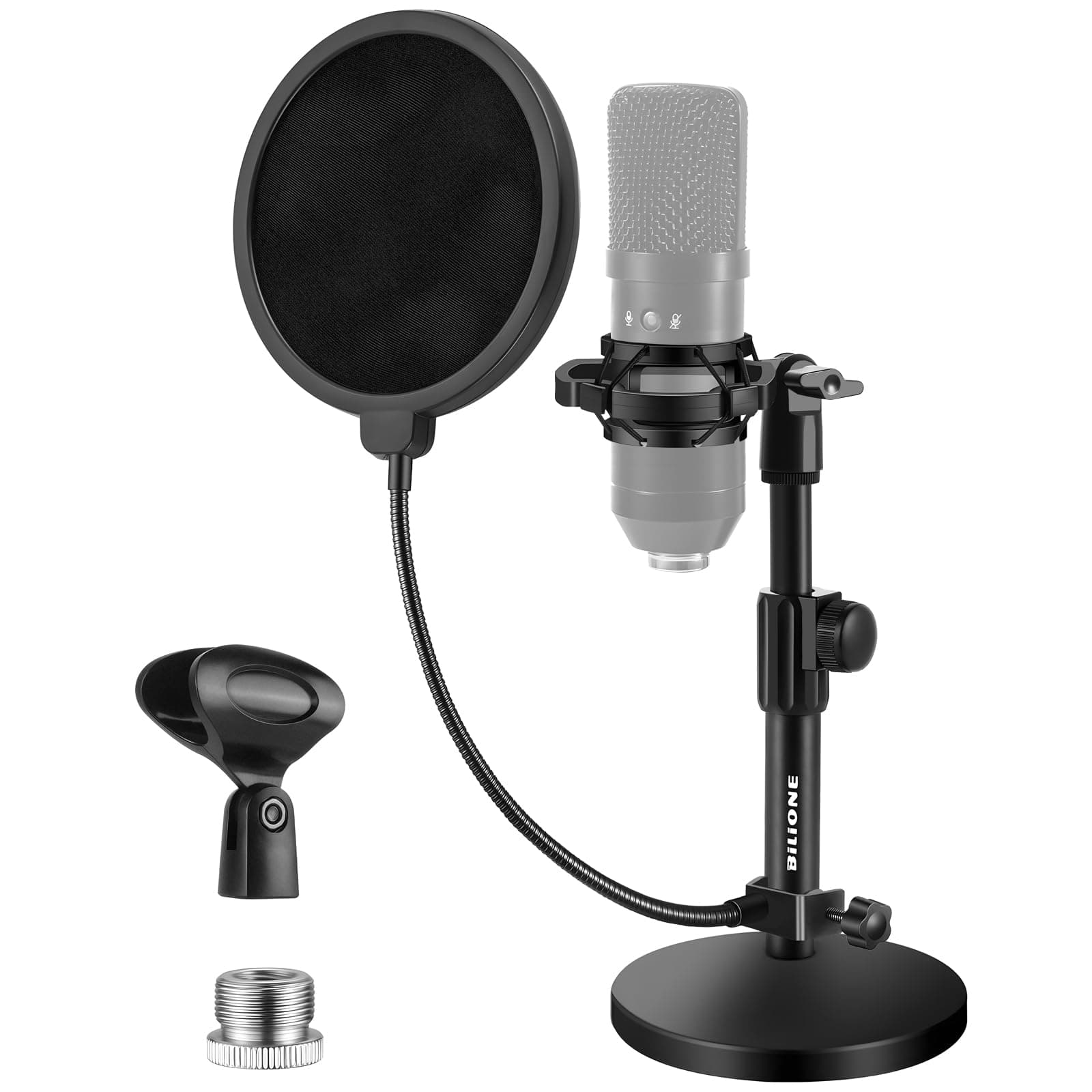 BILIONE Upgraded Desktop Microphone Stand, Adjustable Mic Stand with Pop Filter, Shock Mount, Microphone Clip, Metal Screw Adapter 0.55" to 3/8"