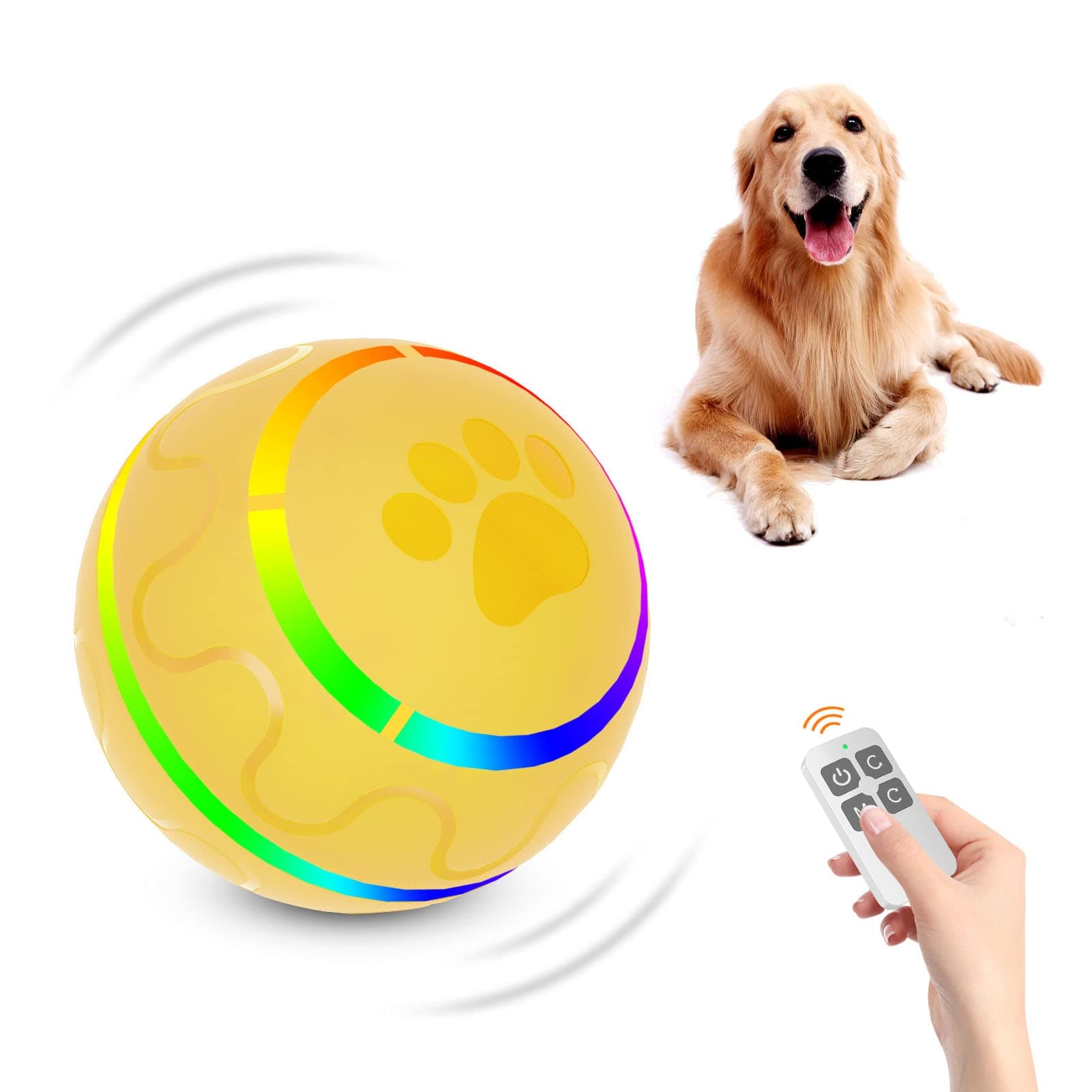 Bysunty Interactive Dog Ball Toy for Medium Small Dogs, Active Rolling Ball with Light-Up & Remote Control, Automatic Puppy Pet Birthday Gift Yellow