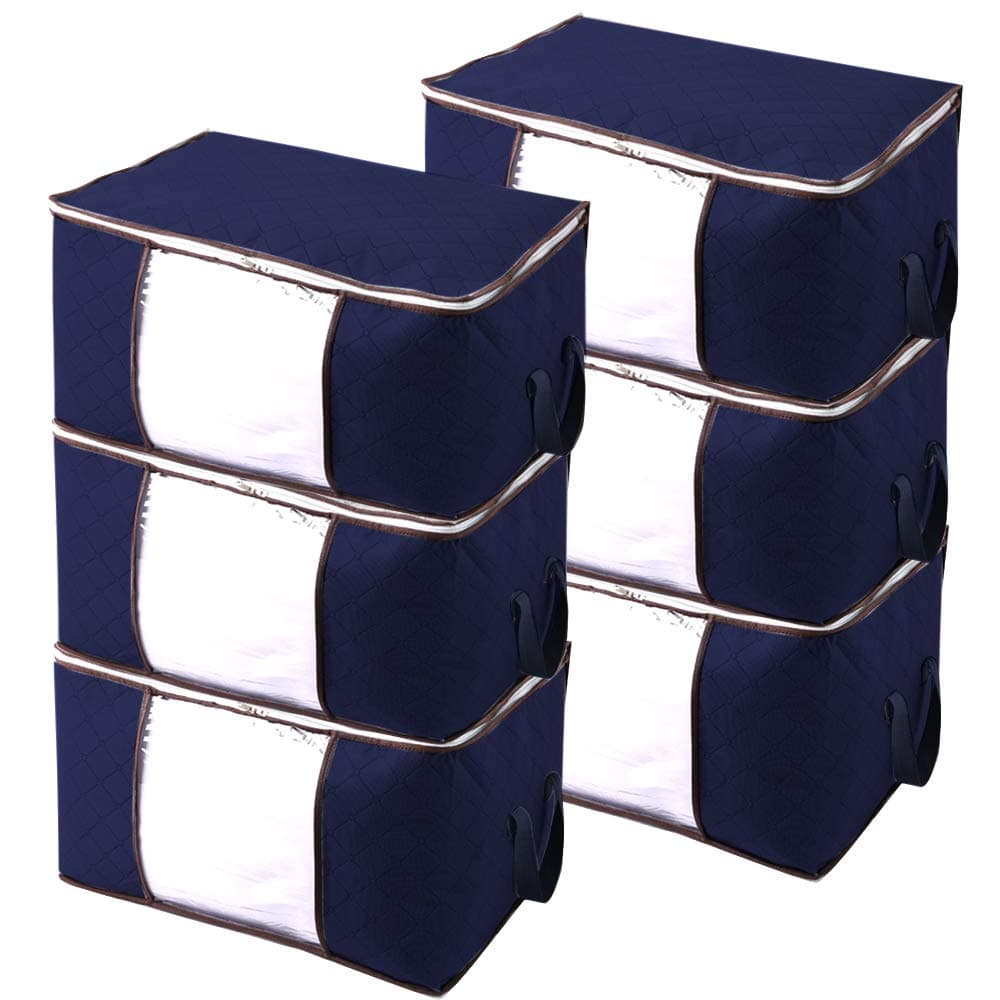 JERIA 6-Pack Extra Large Capacity Storage Bins with Clear Window, Closet Organizer and Clothes Storage Bags, Reinforced Handle and Sturdy Zipper (Blue)