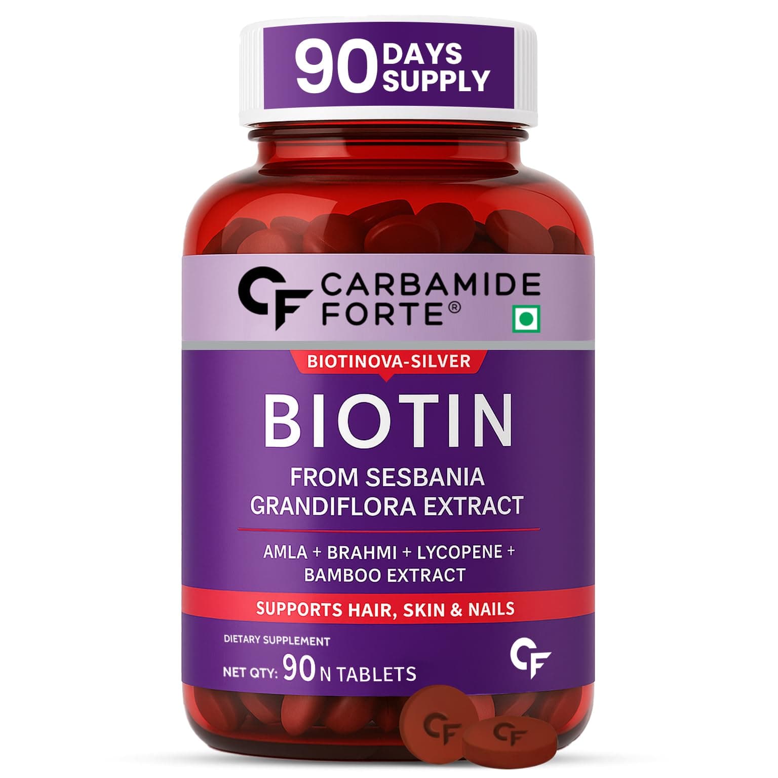 Carbamide Forte Biotin 10000mcg with Keratin and Bamboo Extract Tablets for Hair Growth for Women and Men - 90 Veg Tablets