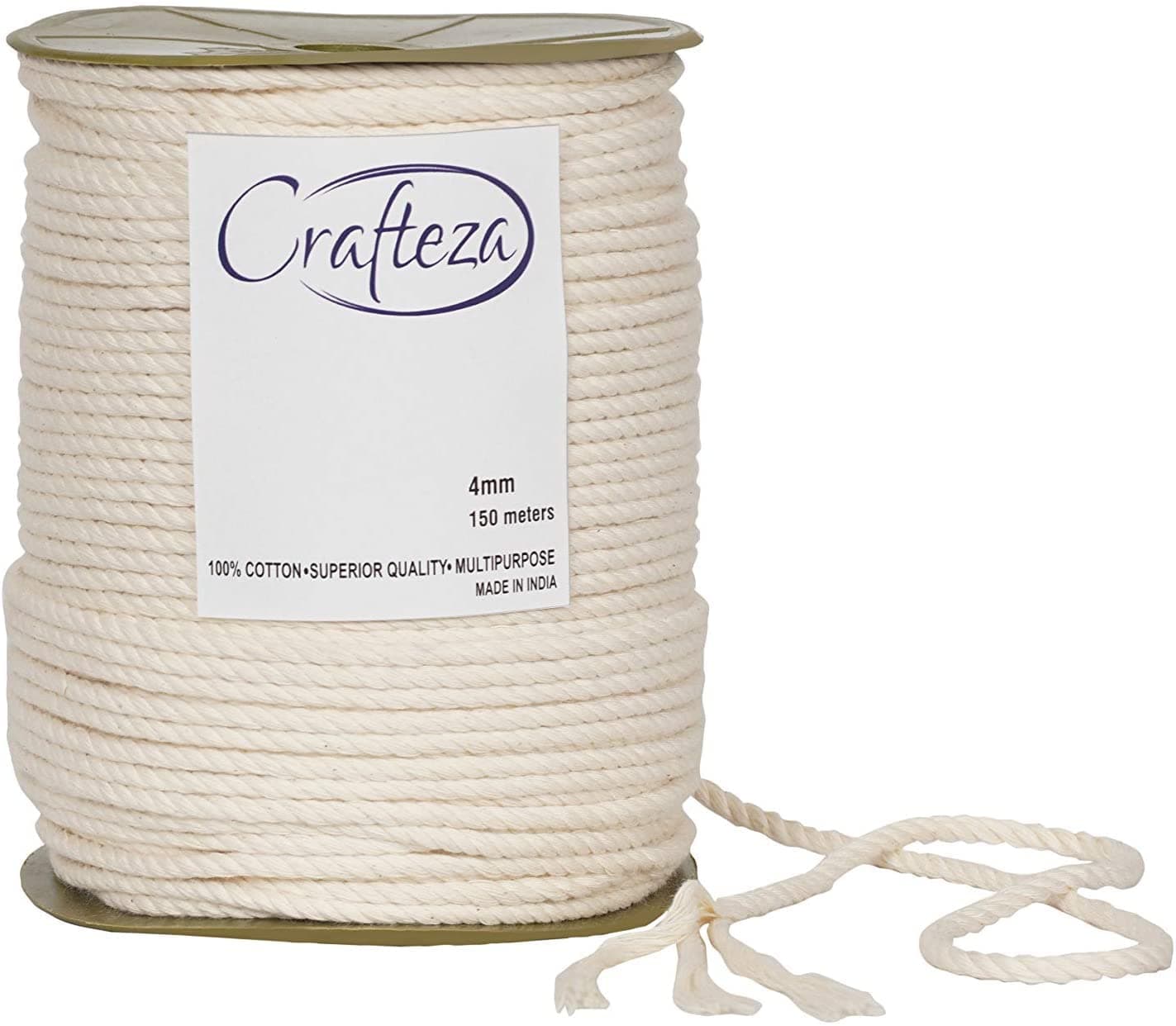 Crafteza 4mm X 492 ft Macrame Cord - 3 Strand Macrame Rope Made in India - 100% Natural Virgin Cotton Rope Twisted 3 ply Cord Perfect for DIY Macrame Crafts - Soft Macrame Yarn for Macrame Supplies
