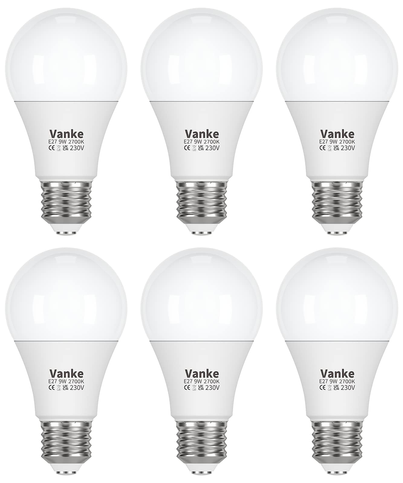 Vanke E27 Screw Bulb, Warm White 2700K Yellow Light, 60 Watts Equivalent, 9W ES LED Bulbs, Large Screw in Light Bulb, 806 Lumen, Non-Dimmable, Pack of 6