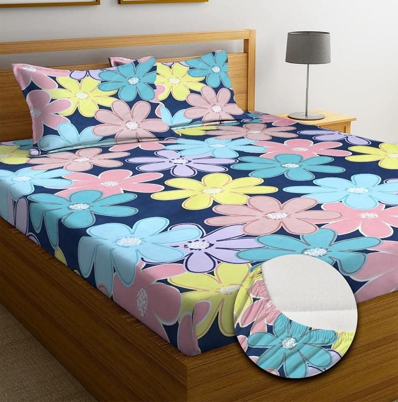 NEW LEAF Premium Cotton Elastic Fitted Bedsheets with 2 King Size Pillow Covers | Double Bed with All Around Elastic 220 TC Supersoft |Size-72 King Sizex78+10 inches |Blue Pink & Aqua