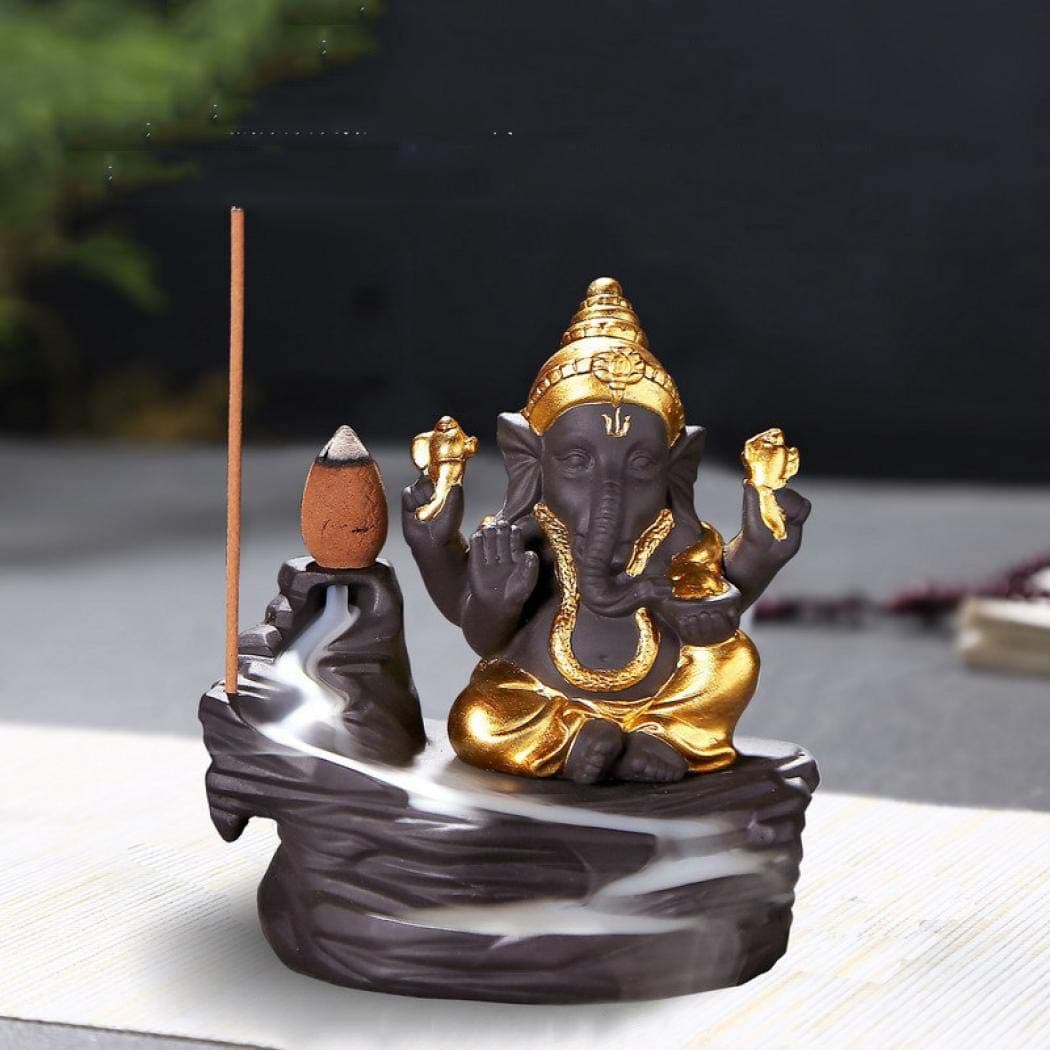 Elephant Backflow Incense Burner with 10pcs Incense Cone Waterfall Incense Cone Sticks Holder, Indian Incense Holder Buddha Incense Holders for Home Fragrance Home Decor Yoga Relax Mediation (Gold)