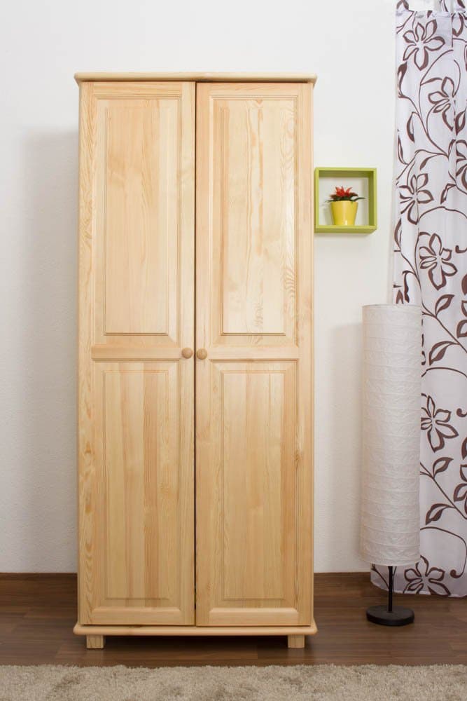 2 Door Wardrobe 007, Solid Pine Wood, Clearly Varnished - H190 x W90 x D60 cm