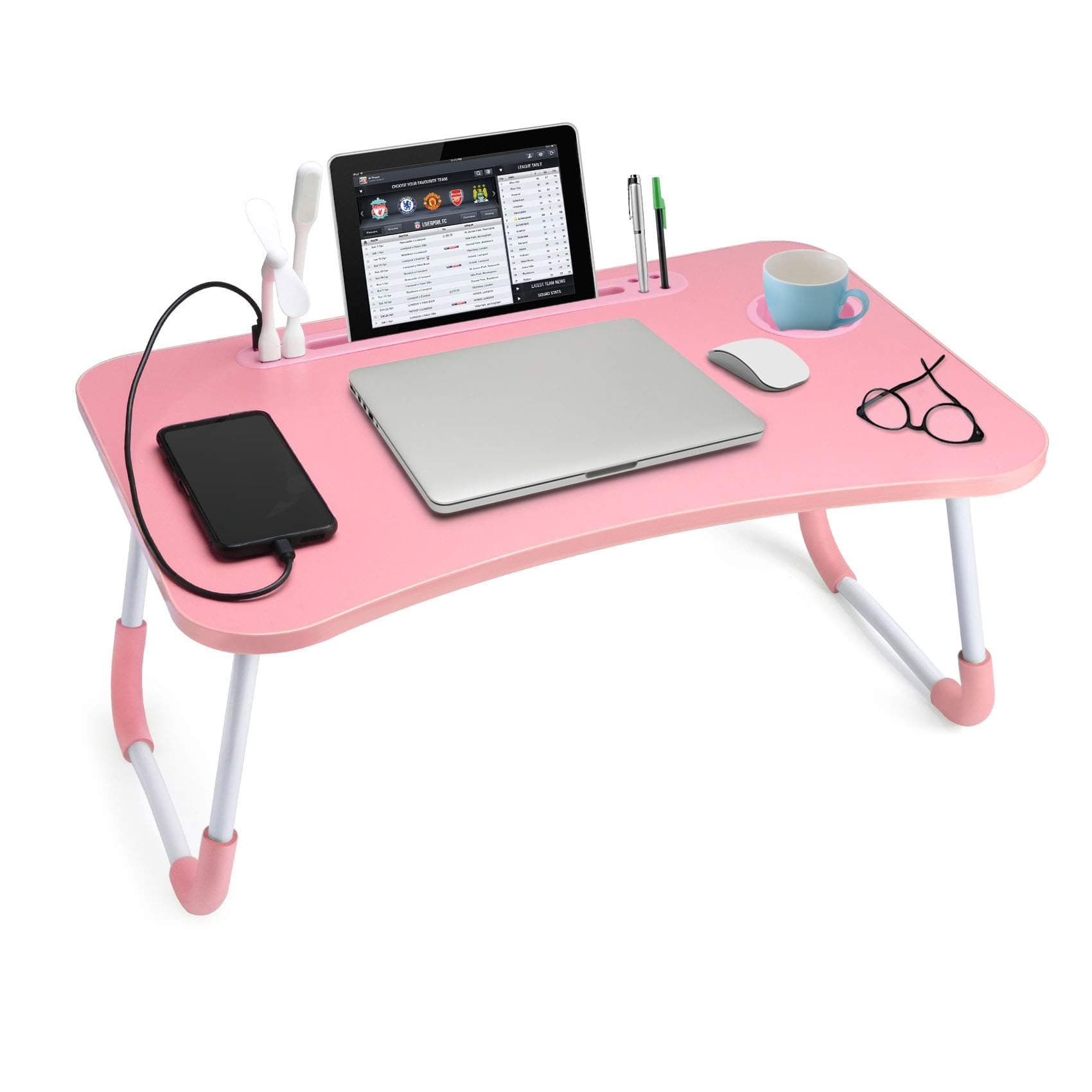 Slendor Lap Desk with Cup Holder, Foldable Laptop Table for Bed, Portable Bed Desk for Laptop and Writing, Computer Tray with Tablet Slot, Notebook Stand Reading Holder for Couch Sofa Floor,Pink