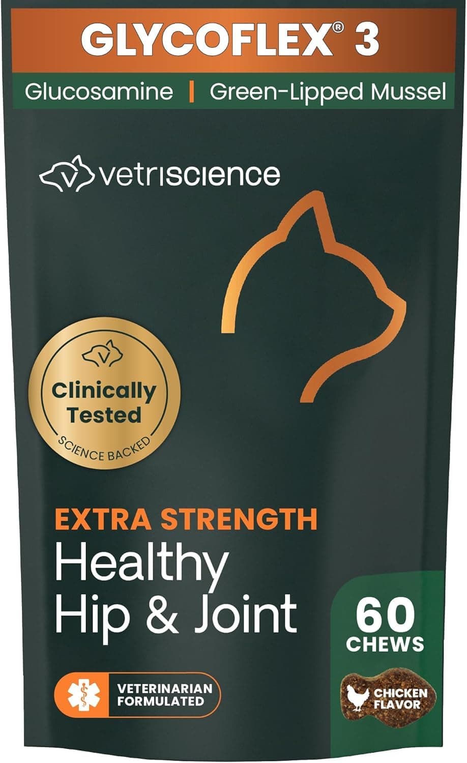 VetriScience Extra Strength Healthy Hip & Joint Chews, GlycoFlex Glucosamine and Green-Lipped Mussel Joint Support Supplement for Cats, Promote Mobility and Soothe Joint Discomfort, Chicken, 60 Count
