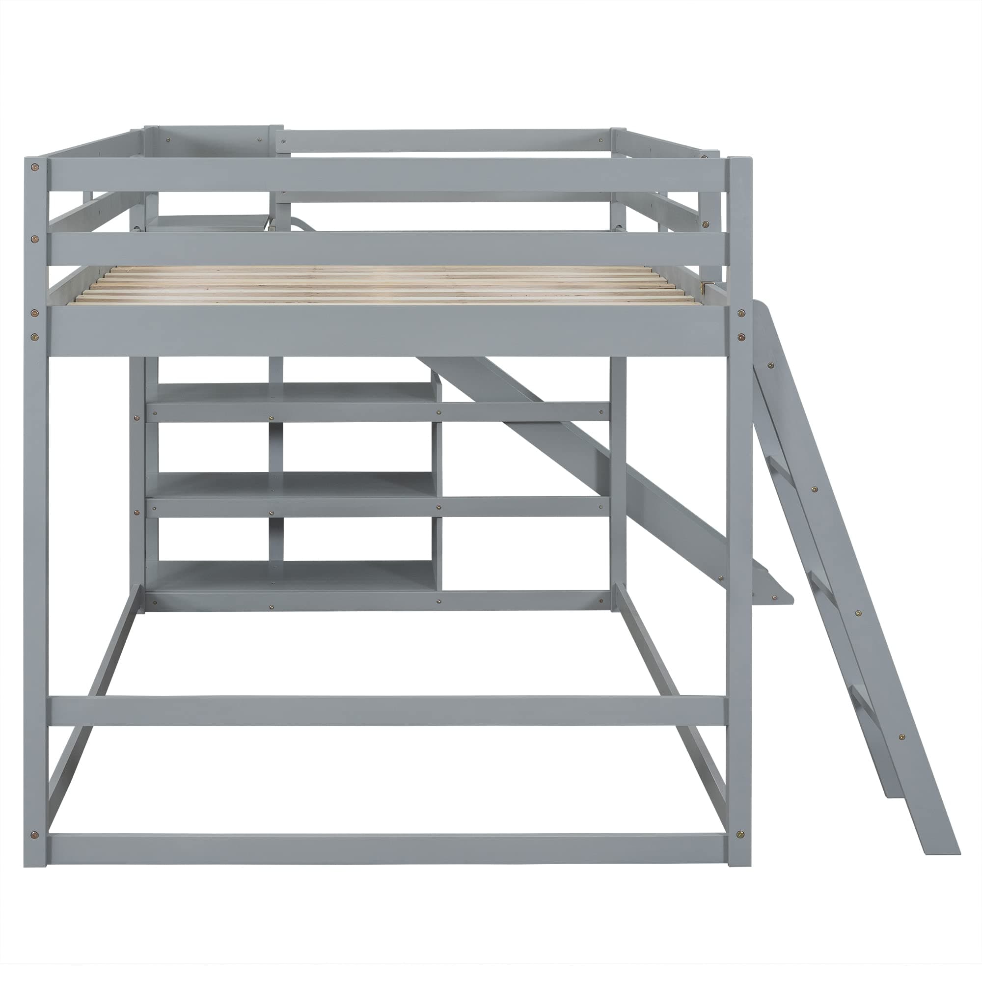 Harper & Bright Designs Full Over Full Bunk Bed with Slide, Bookshelves and Ladders, Solid Wood Low Bunk Bed Frame for Kids Girls Boys (Gray)