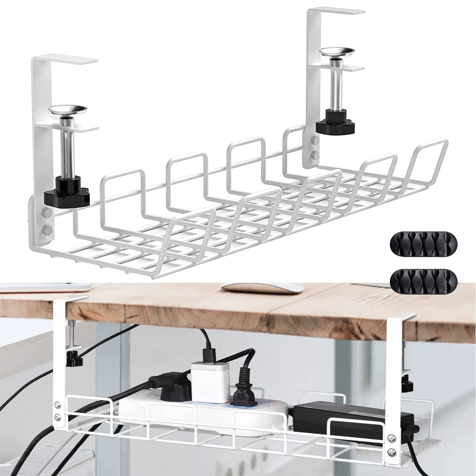 Under Desk Cable Management Tray, 40cm No Drill Cable Tray with Clamp for Desk Wire Management for Office, Home - No Damage to Desk (White)