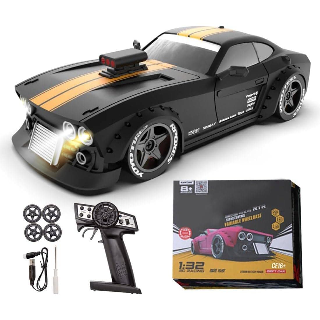 KM3299 Remote Control Car RC Drift Car, 4WD RC Cars Vehicle with ESP Gyro, LED Headlights Drift Wheel, 1:32 High Speed Racing RC Vehicle Gifts for Adults Christmas - Black