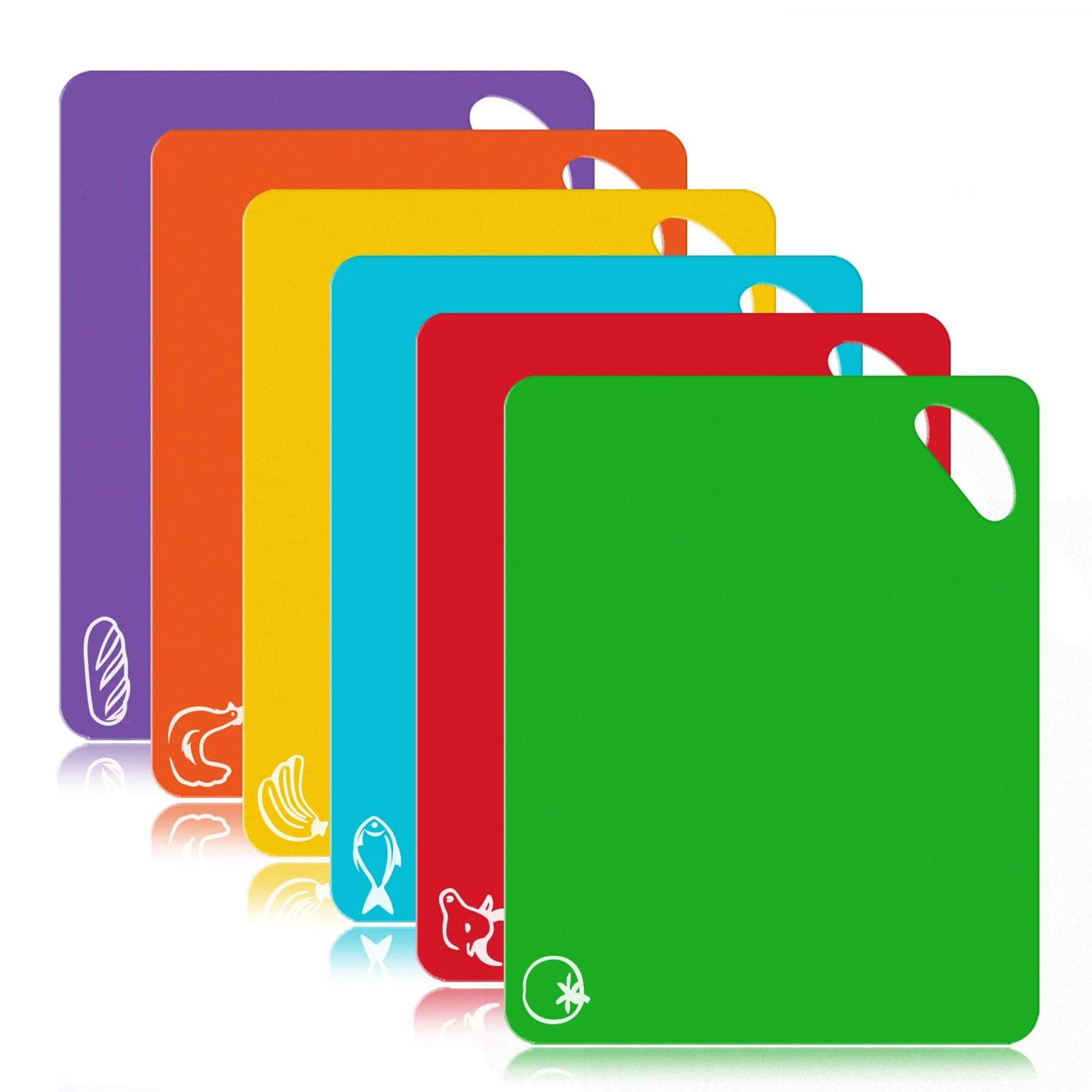 FUKTSYSM Plastic Cutting Board - 6 Pcs Extra Thick Flexible Plastic Chopping Board Mats with Food Icons, 1.3 MM Non Slip Antimicrobial Easy Hanging Boards, Dishwasher Safety Chopping Board Set