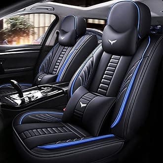 Full Set of Universal Fit Automotive Seat Covers fit for Toyota Corolla Cross 2025, PU Leather Automobile Interior Sets with Headrest & Back Pillow Black & Blue Line