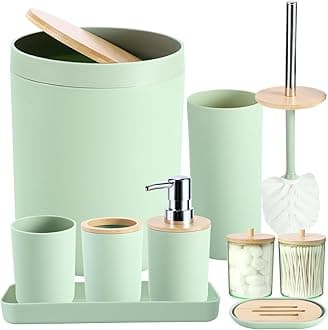 iMucci 9Pcs Pastel Green Bathroom Accessories Set - with Trash Can,Toilet Brush,Toothbrush Holder, Lotion Soap Dispenser, Soap Dish,Toothbrush Cup,Qtip Holder (Bamboo Cover)