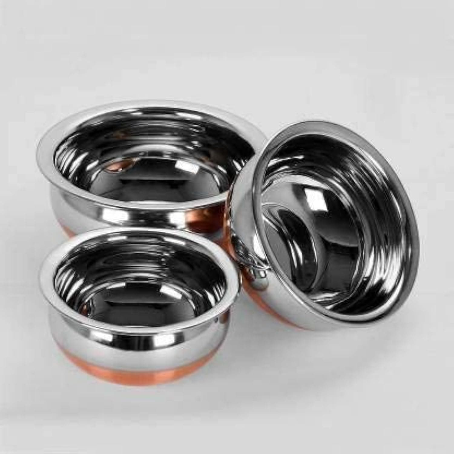 Copper Bottom Urli Handi Set Stainless Steel Cookware Set Serving Cooking Tope Bowl for Kitchen Copper Bottom Vessels for Cooking, 3 Piece 0.500ML 0.800ML 1000ML ((Copper HANDI3 PIC+only)
