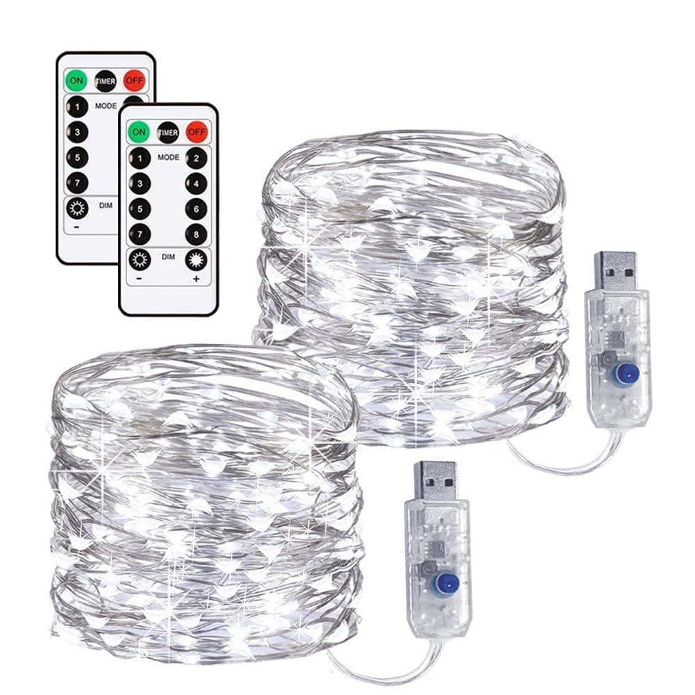 LED String Lights USB,20m/200LEDs 2 Set Fairy Lights USB Plug in Powered with Remote Timer, 8 Modes Outdoor/Indoor Copper Wire Lights for Bedroom Home Wedding Party Christmas Holiday Decoration(White)