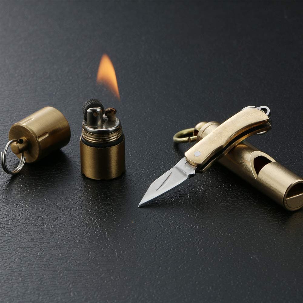 Mini Survival Tool Kit, Keychain Kerosene Lighter,Field Emergency Self-Help Gadget Sophisticated and Practical (Lighter, Knife and Whistle)