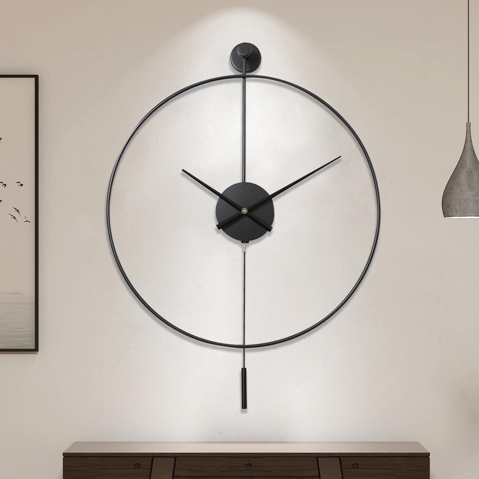 Classical Large Decorative Wall Clock with Pendulum, Modern Non-Ticking Silent Metal Wall Clocks for Living Room, Bedroom, Study, Office, 24in/60cm(Black)