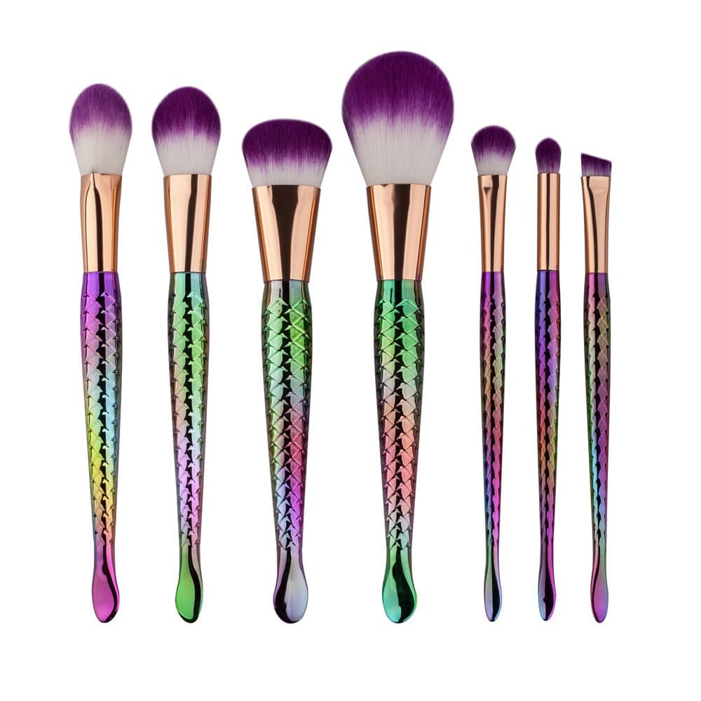 Makeup Brushes, Uleen 7 Piece Rainbow Mermaid Shape Handle Lavender Color Make Up Brush Set (Purple)