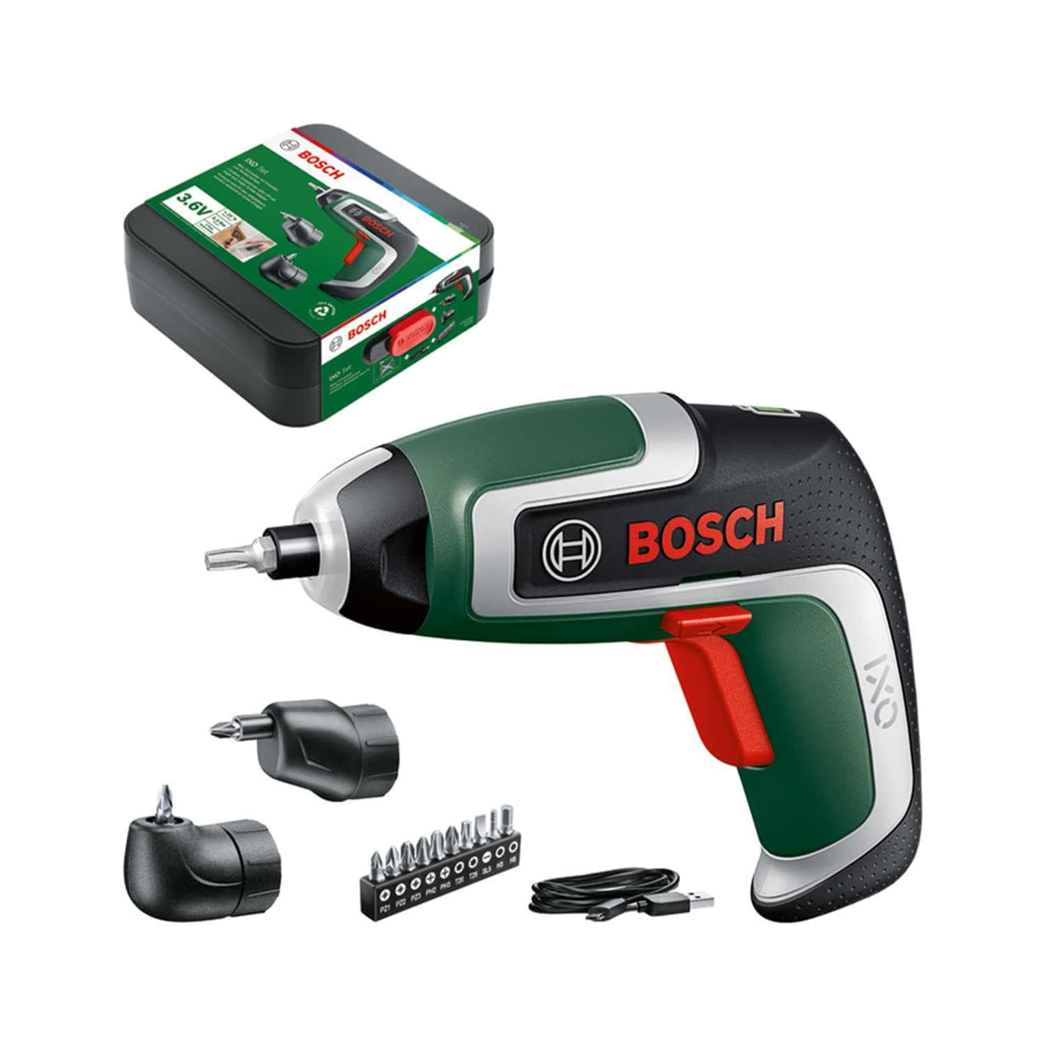 Bosch Compact Cordless Screwdriver IXO (7th Generation; 3.6V; 2.0Ah; 5.5Nm; Set incl. Angle-Screw and Off-Set Angle Attachments; Screws up to 190 Screws; with Micro-USB Cable; in Storage Box)
