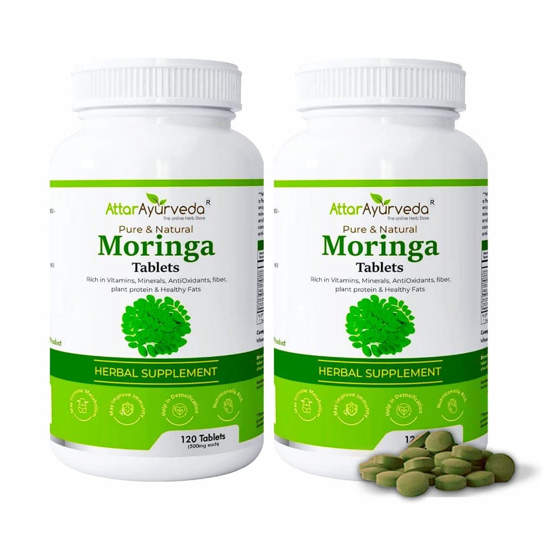 Attar Ayurveda Moringa Tablets 240 Tablets (120 x2, Pack of 2) 500 mg each | Drumstick Leaf Tablets | Pure and Natural, Highly Nutritious