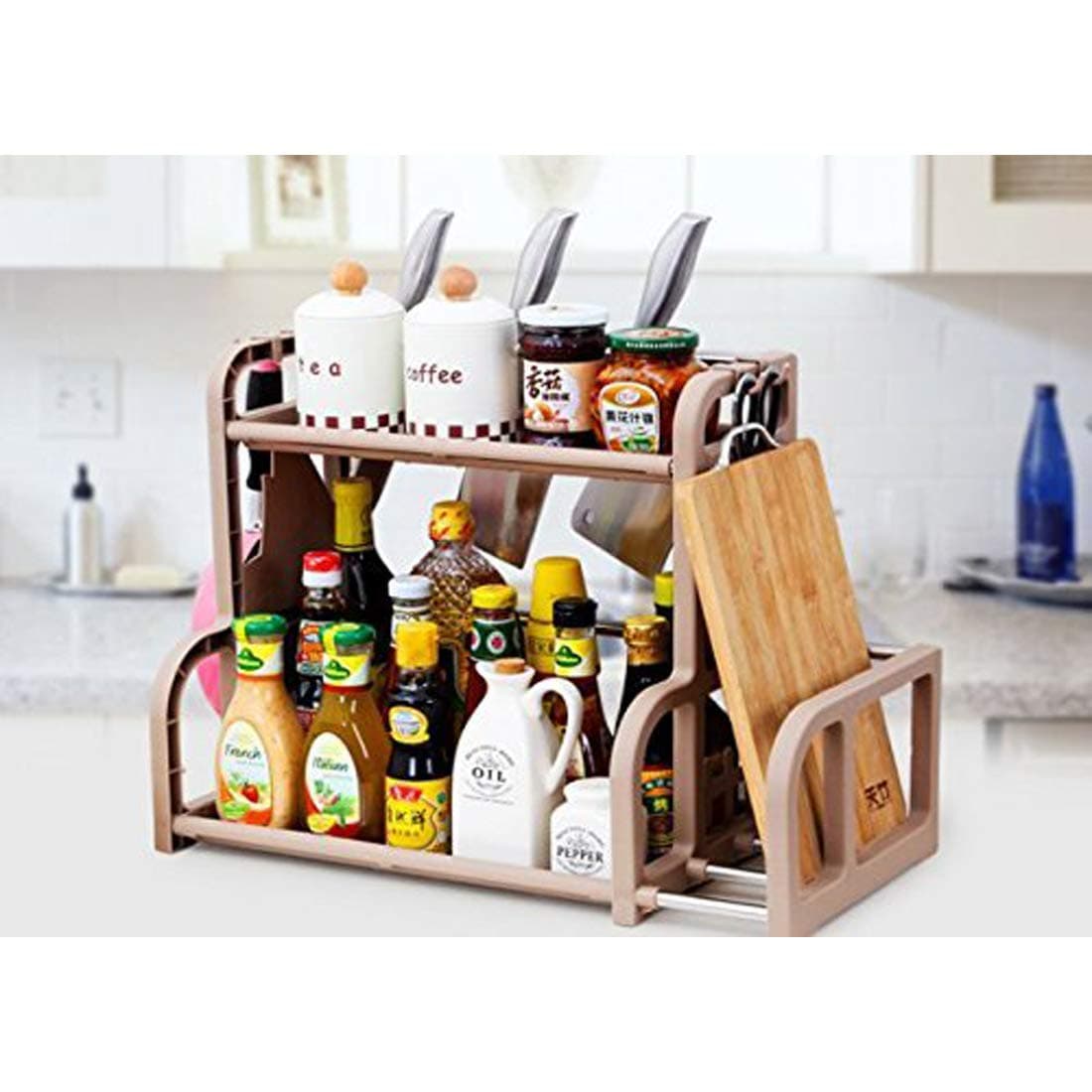 RKPM 2 Layer Brown Storage Shelf With 2-Height Adjustable Platform and 4-Side Hooks, Storage Rack Kitchen Cabinet Organizer