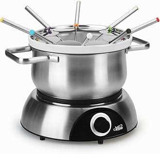 ArtestiaElectric Fondue Pot Set with Temperature Control Knob, Included 1QT Ceramic Chocolate Cheese Melting Pot with 2.6QT Stainless Steel Meat Fondue Pot, 8 Color-Coded Forks, Serve 8 Persons