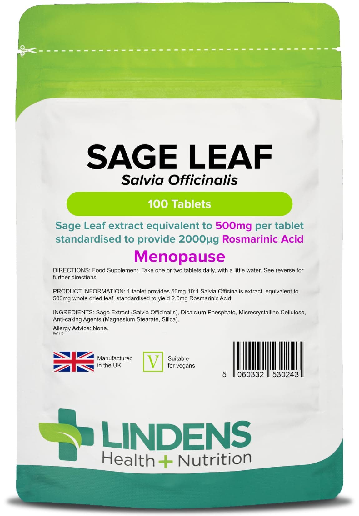Lindens - Sage Leaf Extract 500mg Tablets - 100 Pack - UK Made - Equivalent to 500mg Dried Leaf Per Tablet - Standardised to Yield 2mg Rosmarinic Acid - Letterbox Friendly, Vegan
