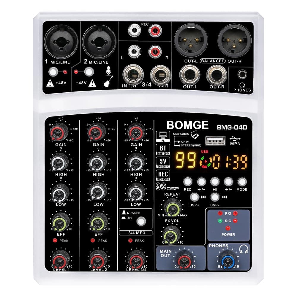 4 Channel dj Bluetooth Audio Mini Mixer with Effects, USB Interface, Stereo Recording, 48V Phantom Power for PC,phone(White)