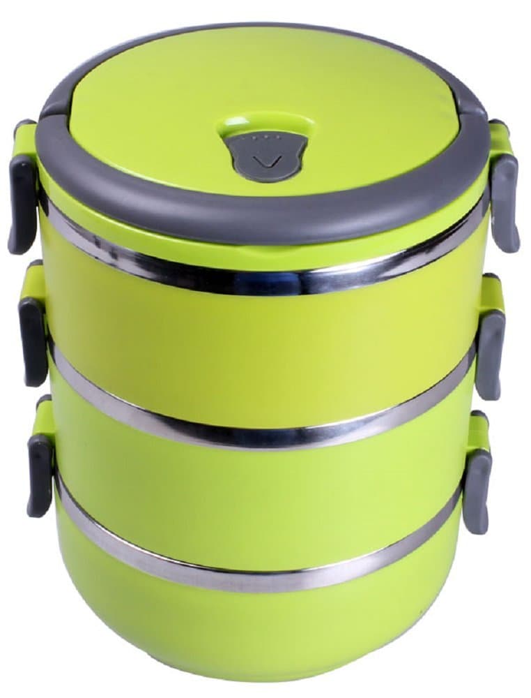 Stainless Steel Food Storage Container - Food Saver 3 Stack-able Round Bowls - Lunch Box with Lid Carry Handle In Lime Green