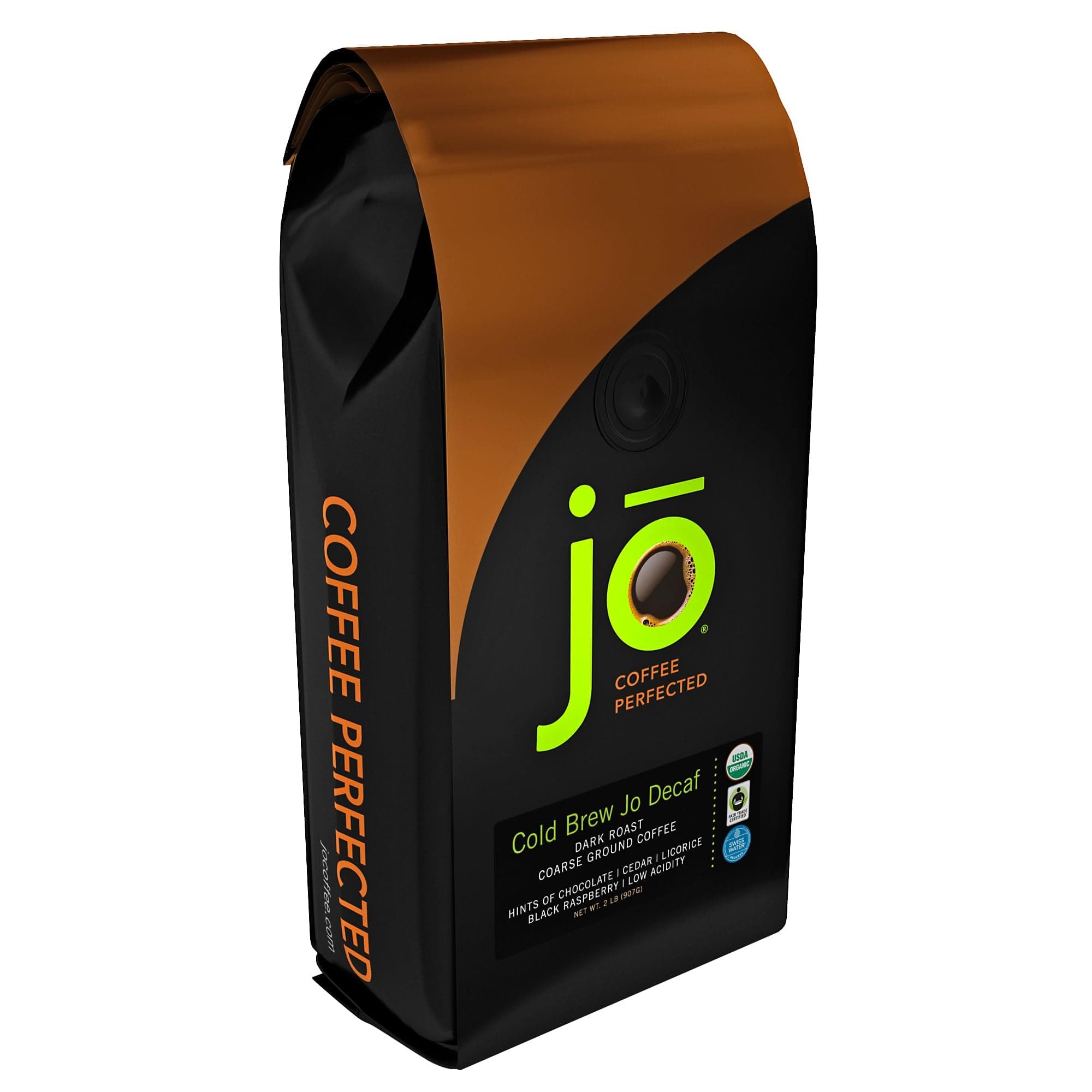COLD BREW JO DECAF: 2 lb. Coarse Ground USDA Organic Decaf Coffee, Dark French Roast, Swiss Water Process, Soft Velvety Texture, Low Acidity, Fair Trade Certified, Gluten Free, Non-GMO, Chemical Free