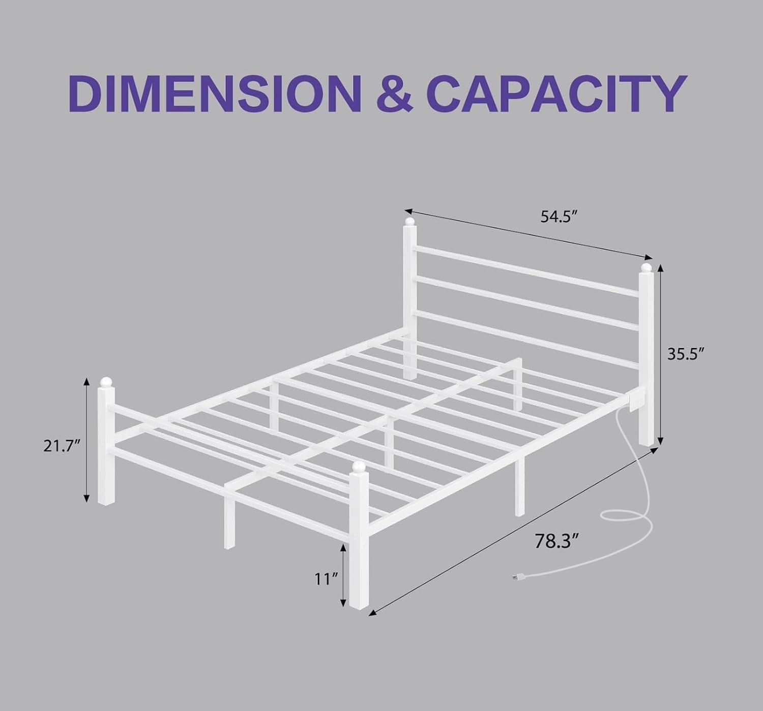 Full Bed Frame with Headboard and Footboard, Metal Bed Frame with Charging Station and LED Lights, Under Bed Storage, No Box Spring Needed,Noise Free, White