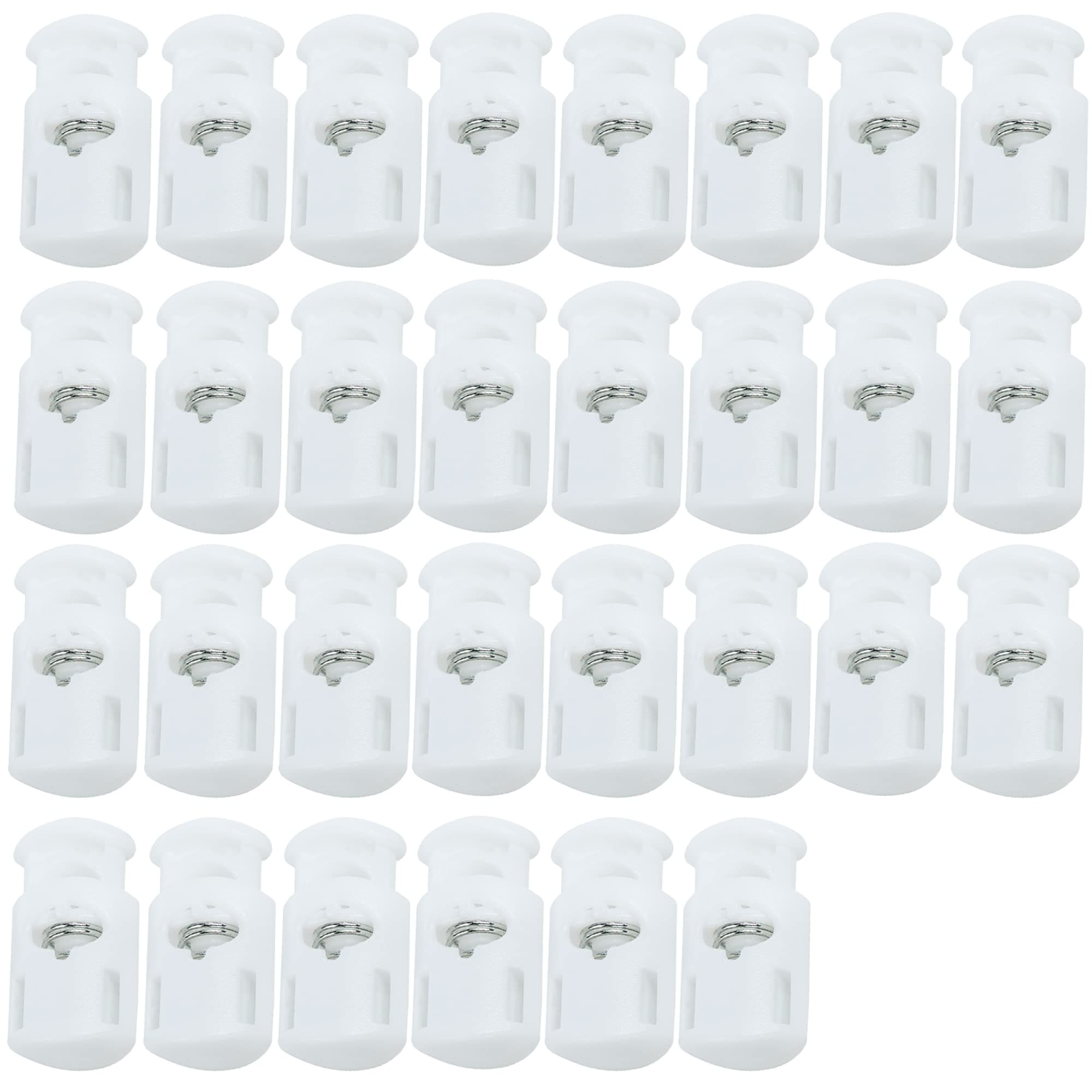 J.CARP Plastic Cord Locks End Spring Toggle Stopper, Single Hole Elastic Cord Adjuster, Suit for Drawstrings, Bags, Shoelaces, Clothing, Paracord, and More (30Pcs, White)