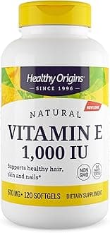 Healthy Origins Vitamin E 1,000 IU Softgels (Natural) Mixed Tocopherols - Vitamin E Capsules Supplement - Gluten-Free & Non-GMO Skin, Hair & Nails Vitamin - 120 Softgels