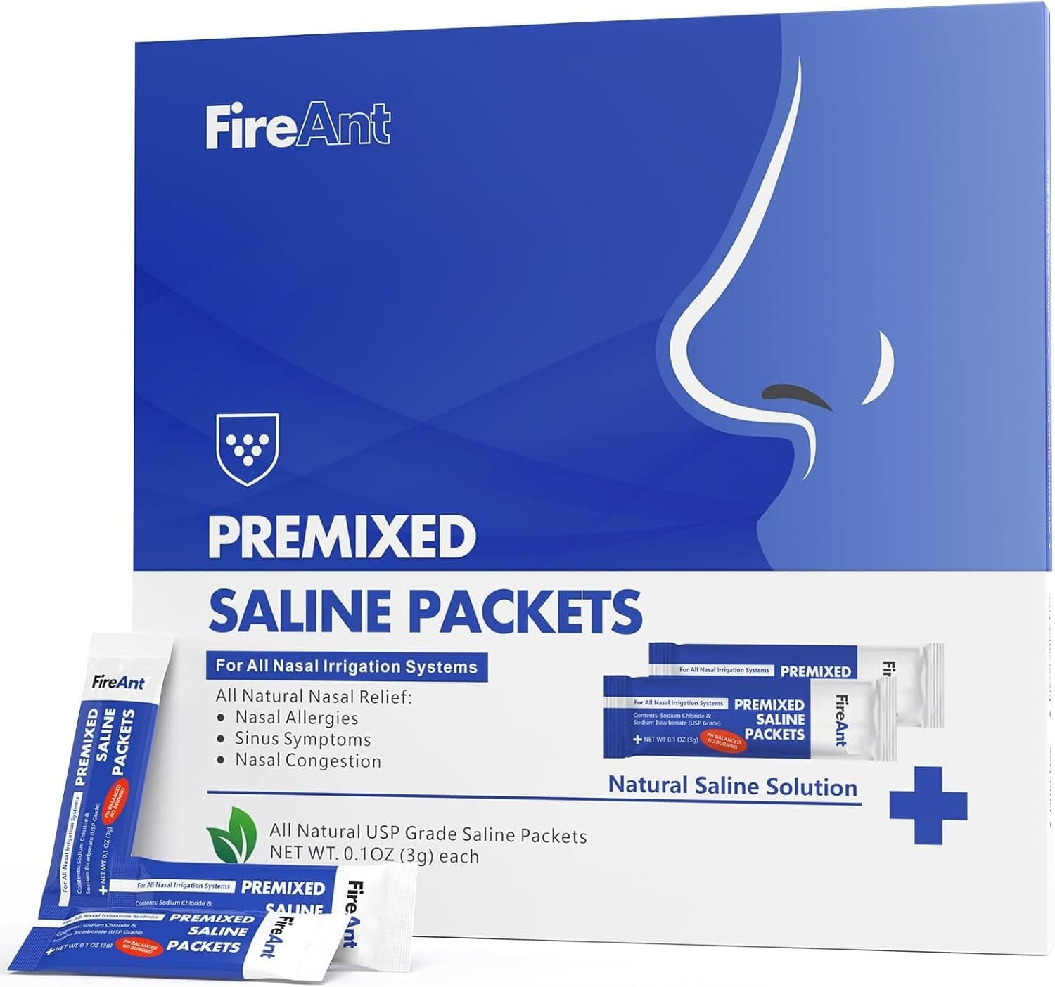 FireAnt Saline Packets for Sinus Rinse, 100 Premixed Neti Pot Salt Packet for Nasal Rinse, Sinus Rinse Packets for Nasal Irrigation System, PH Balanced - Slate Blue