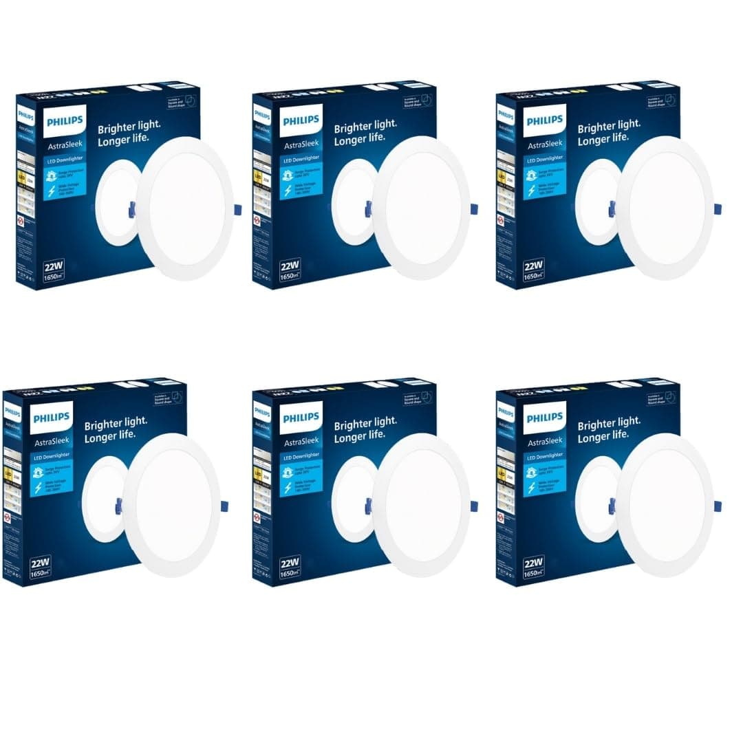 PHILIPS Astra Sleek 22-watt Round LED Downlighter | LED Ceiling Light for Home and Hall | Cut Out: 188 mm, Color: Natural White, Pack of 6