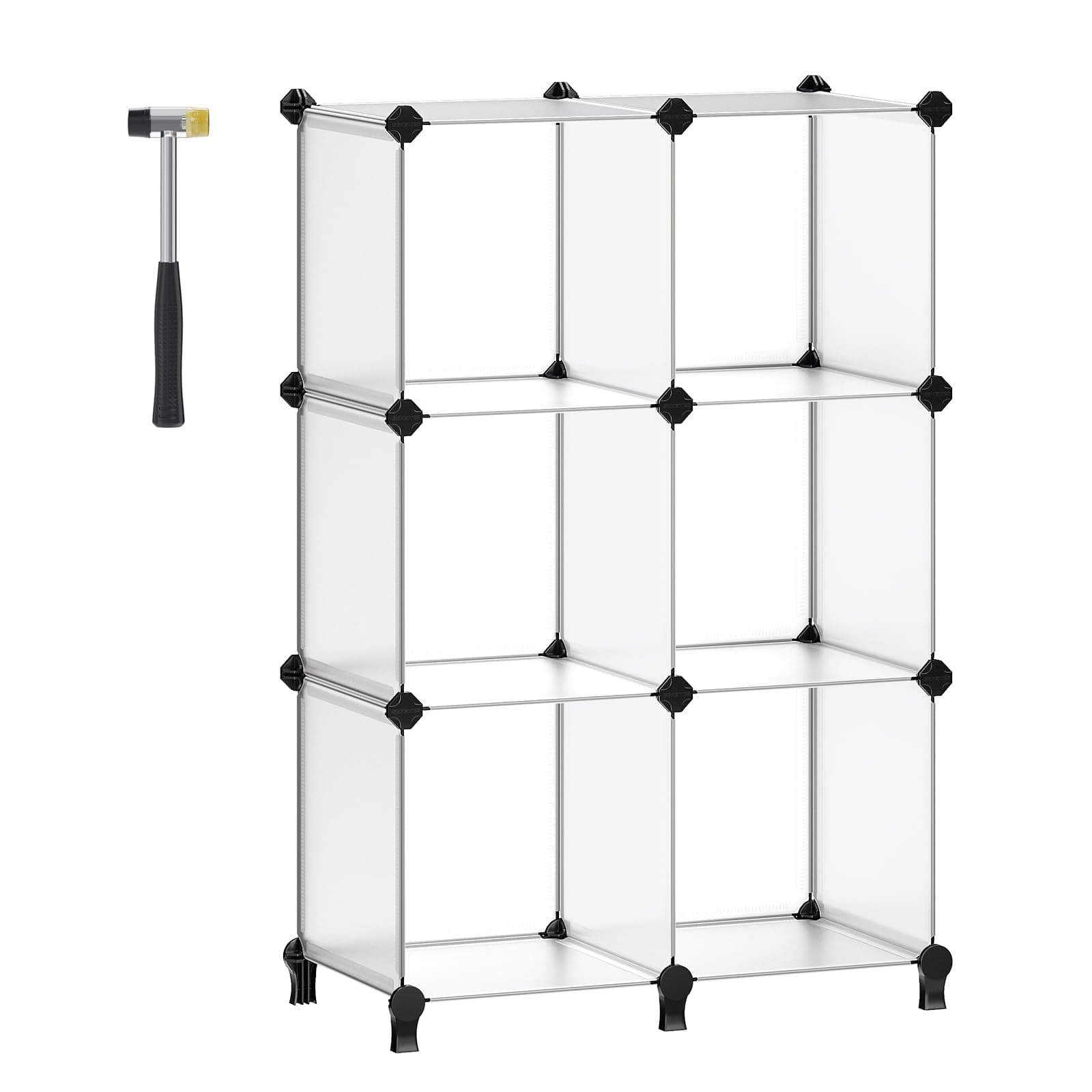 SONGMICS 6 Cube Storage Unit, Modular Plastic Cube Storage Organiser, Shoe Rack, Each Cube 30 x 30 x 30 cm, Living Room, Bedroom, Study, with Rubber Mallet, White LPC111S
