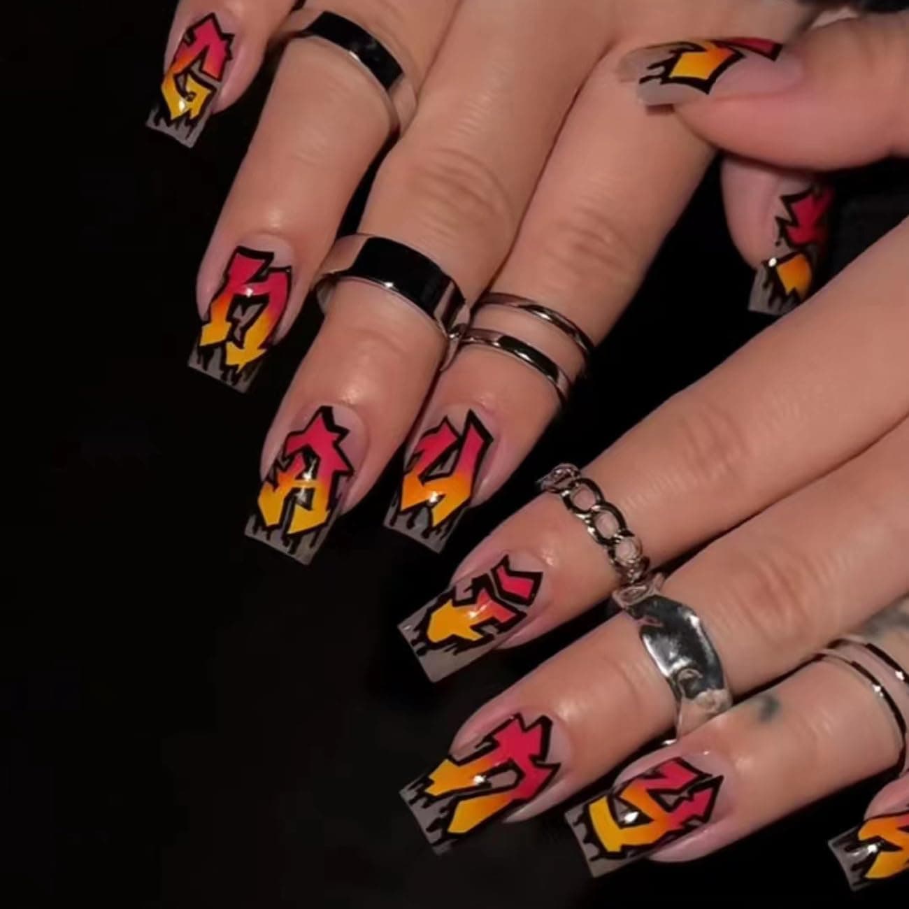 24Pcs Letters Press on Nails - Medium Square Glossy False Nails with Graffiti English Word Alphabet Symbol Design - Reusable Stick on Acrylic Artificial Fashion Manicure