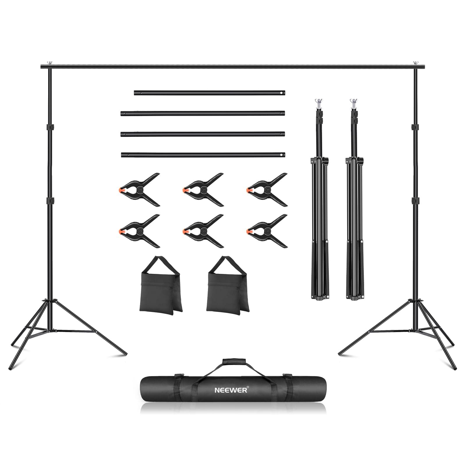 Photo Studio Backdrop Support System, 10ft/3m Wide 6.6ft/2m High Adjustable Background Stand with 4 Crossbars, 6 Backdrop Clamps, 2 Sandbags, and Carrying Bag for Portrait & Studio Photography