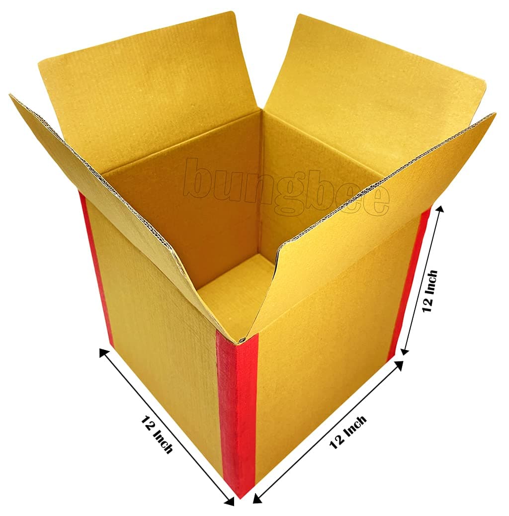 Bungbee Corrugated Boxes for Packing (Size:12 X 12 X 12 inches) 5 Ply Heavy Duty Carton Box, Reinforced Edges Secure Shifting Packaging Material - Pack of 5