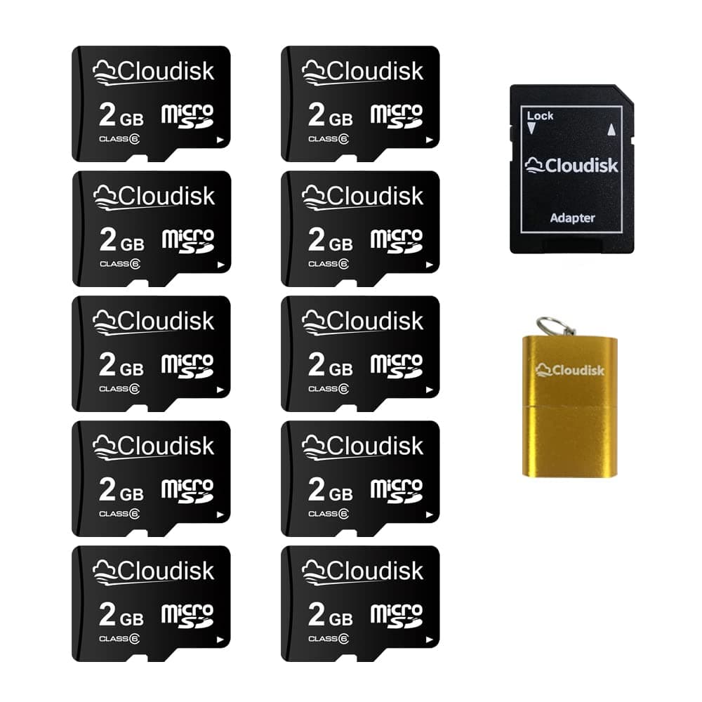 Cloudisk Pack of 10 Micro SD Card 2GB Flash Memory Card C6 with SD Adapter, Card Reader (2GB)