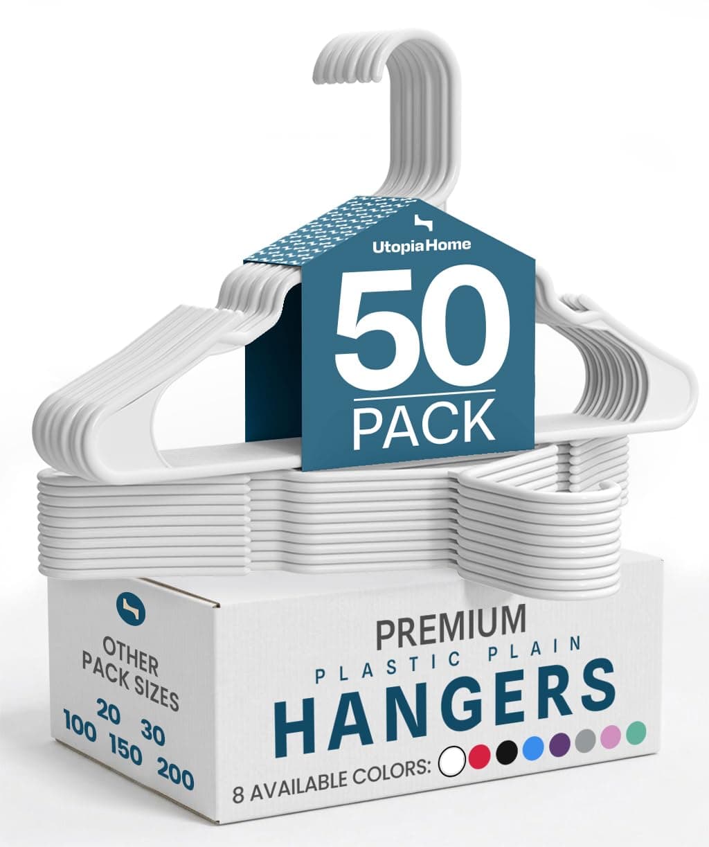 Plastic Hangers 50 Pack - Space Saving Clothes Hanger - Durable and Strong Closet Organizers and Storage Makes It Ideal Stocking Stuffers or Apartment or Dorm Room Essentials (White)
