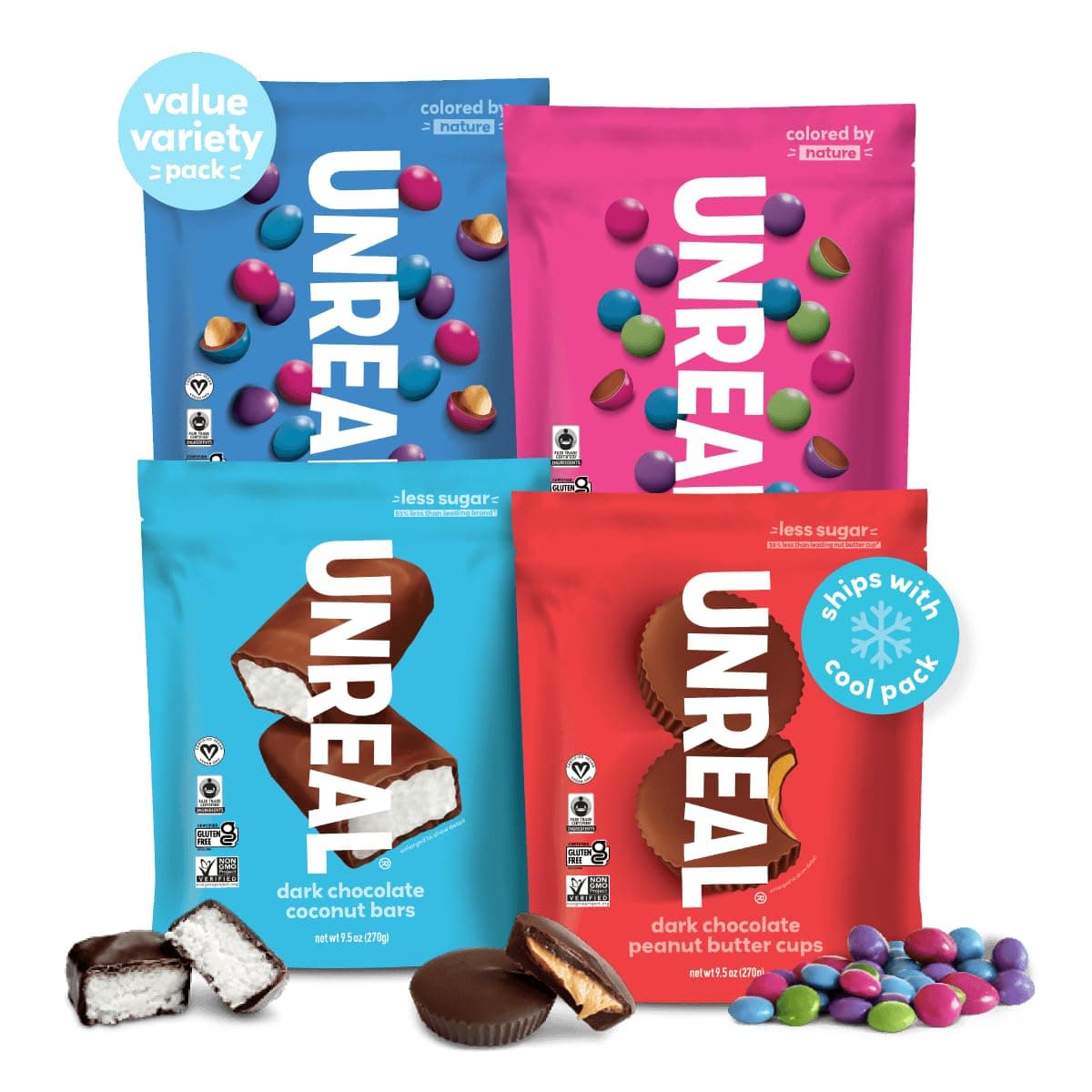 UNREAL Value Variety Pack | 4 Flavor Sampler, Value Sized Bags | Less Sugar, Fair Trade, Non-GMO | No Corn Syrup, Sugar Alcohols, Soy