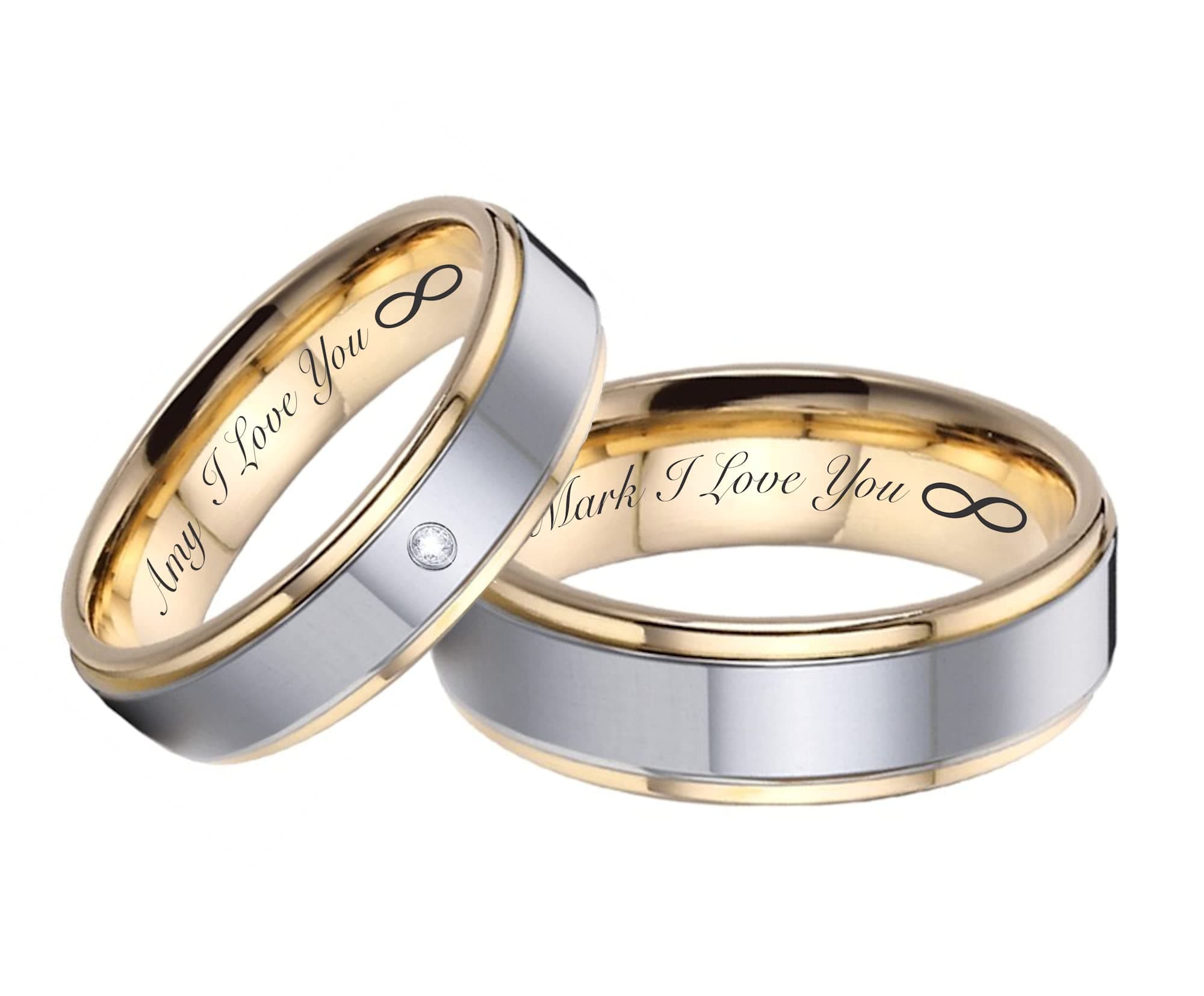 A & L Engraving Personalized Silver & Gold Two Tone CZ Tungsten Ring Set Custom Engraved Free In Any Language - His & Hers Couple's Rings - Tungsten Wedding Band Set - Ships from USA