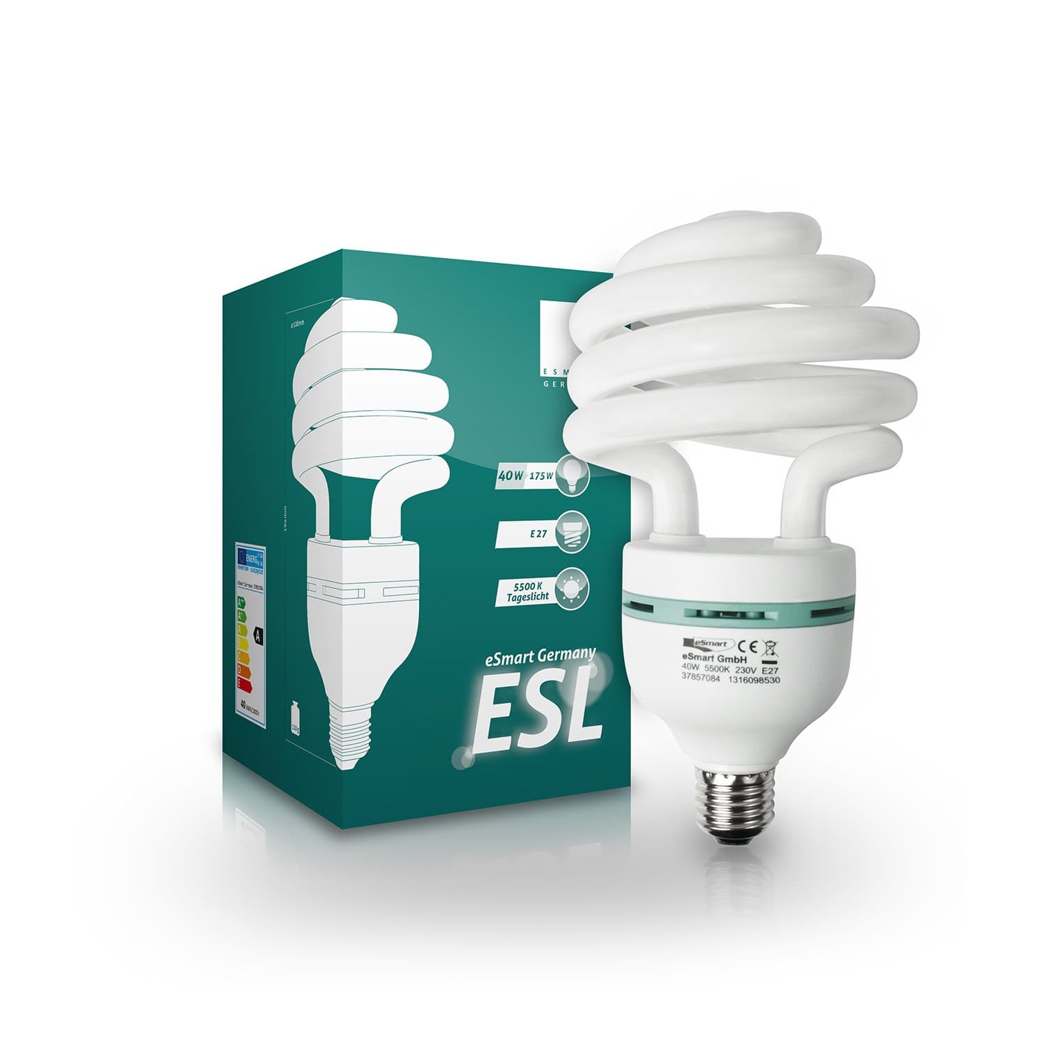 eSmart Germany Photo Quick Start Energy-Saving Light Bulb 40W (175W) E27 Daylight/Cool White (5500K) Diameter: 108 mm/Total Length: 194 mm