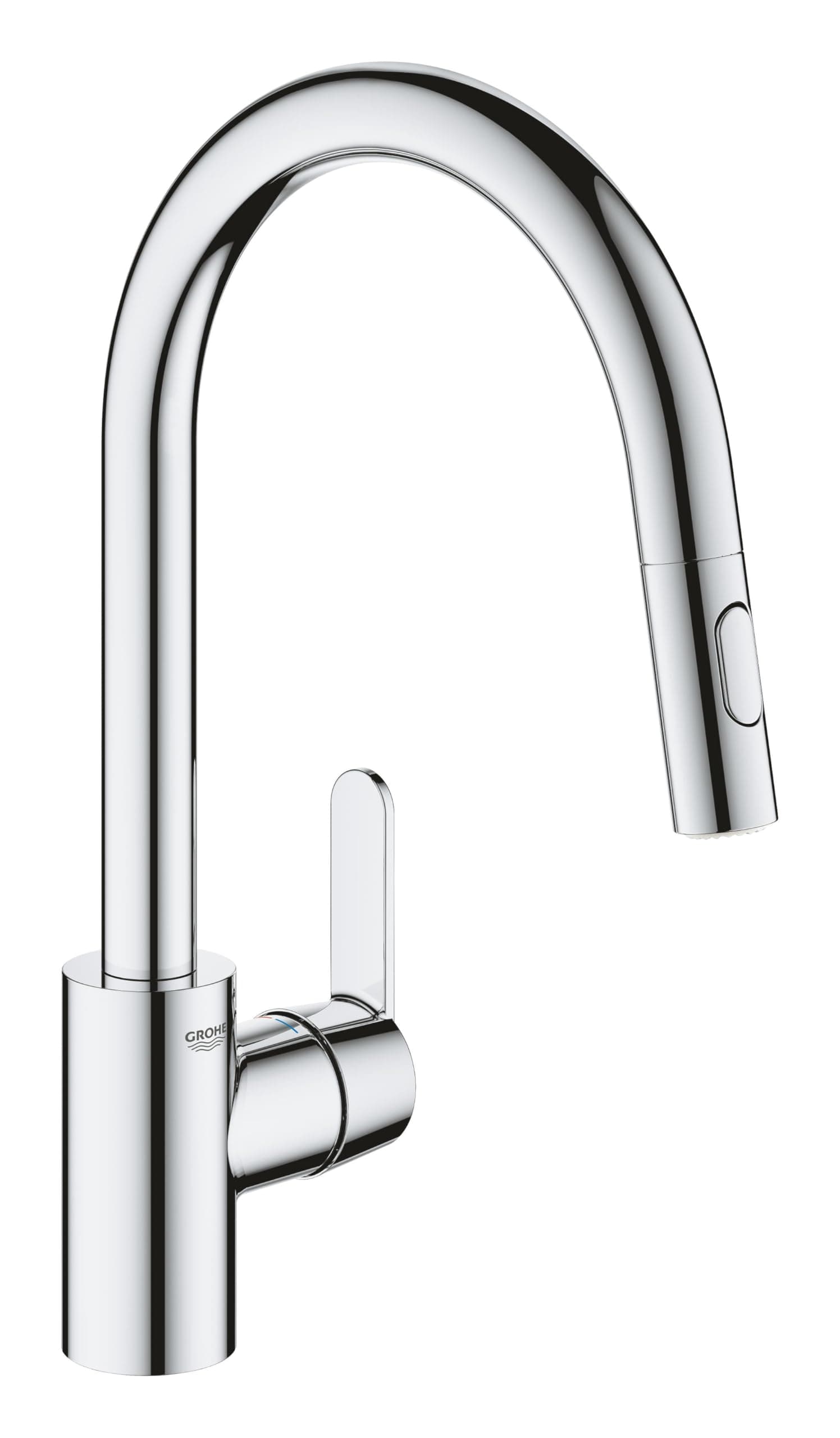 Get - Kitchen Sink Pull-Out Mixer Tap (2 Spray Options, High Spout, 360° Swivel Range, 35mm Ceramic Cartridge, Smooth Docking, Tails 3/8 Inch, QuickMount Included), Size 381mm, Chrome, 31484001