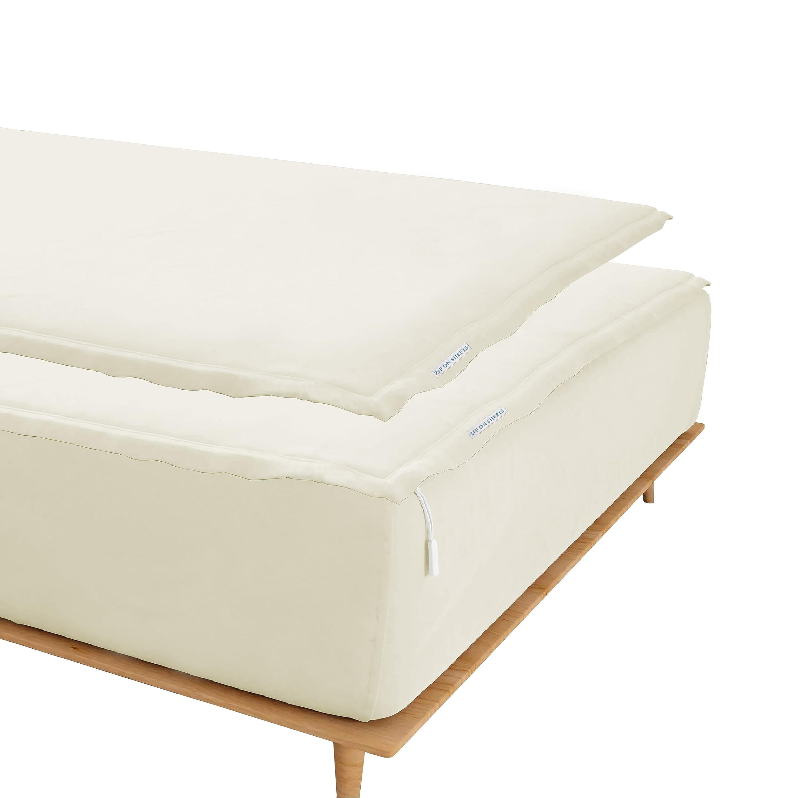 Zip On Sheets™ Zipper Fitted Sheet Queen Size - Upto 16” Inch Deep Pockets - Includes 1 Fitted Sheet Base & 2 Zip-On Sheets - Easy to Use, Sateen Cotton 500 TC Fitted Sheet - Ivory