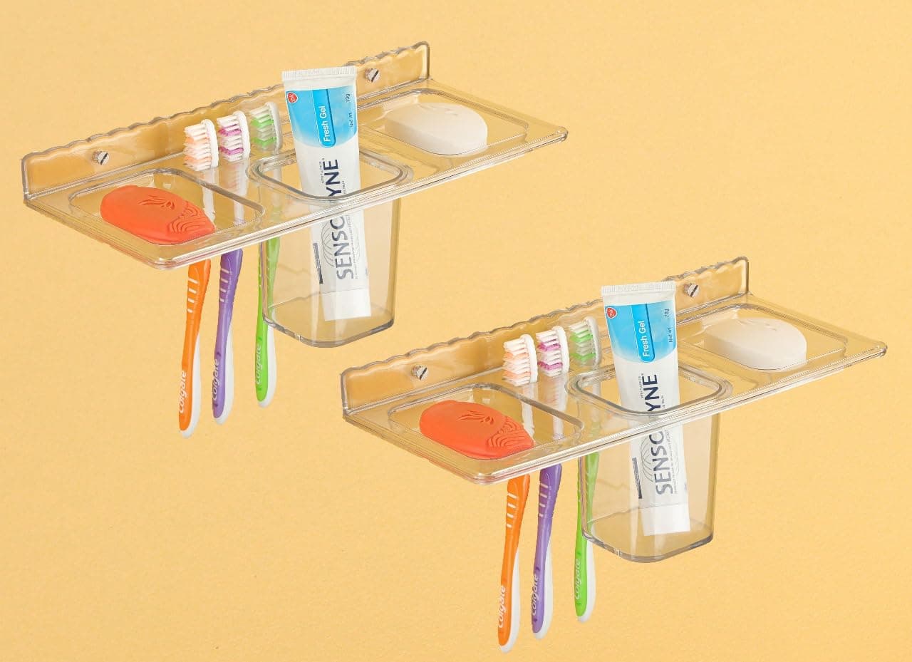 iSTAR 4 in 1 Multipurpose White Plastic Unbreakable Soap Dish Tooth Brush Holder Home Acrylic Bathroom Faucets Accessories 4 in 1 Corner Plastic Wall Shelf (2)